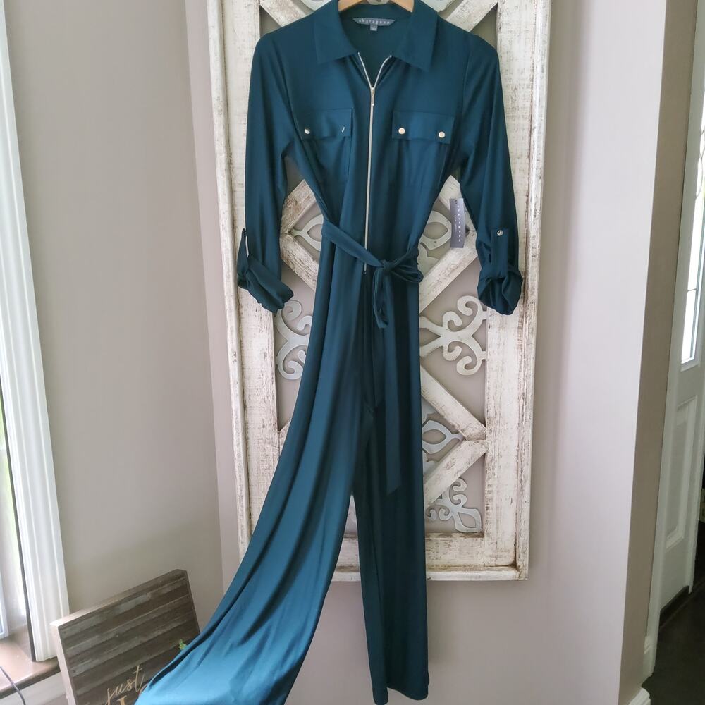 Sharagano Green Zip Front Cropped Jumpsuit Belted Waist Indy Retro Size 4